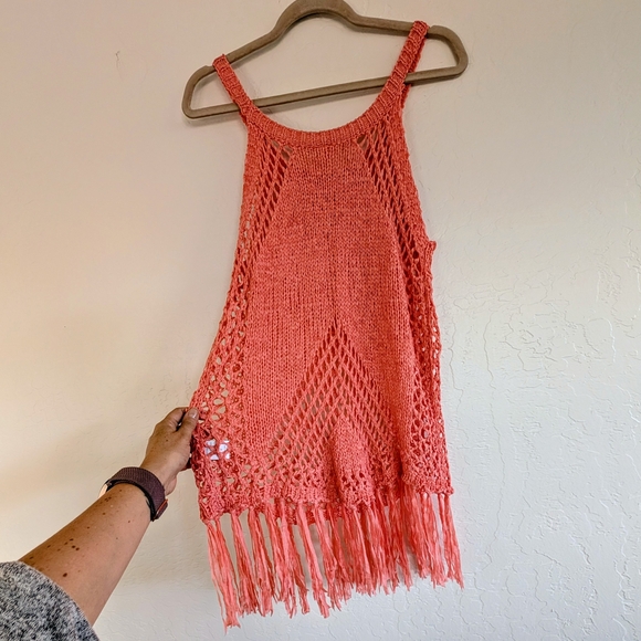 Linen Wool Blend Coral Crochet Fringe Tank Tunic Swim Cover Boho Festival Resort - Picture 8 of 10
